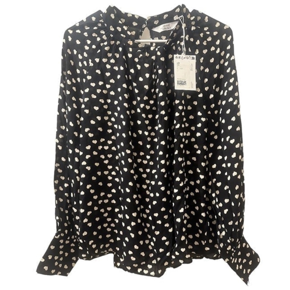 & Other Stories - Black Long Sleeve Blouse w/ White Hearts Pattern (NWT), Size 8